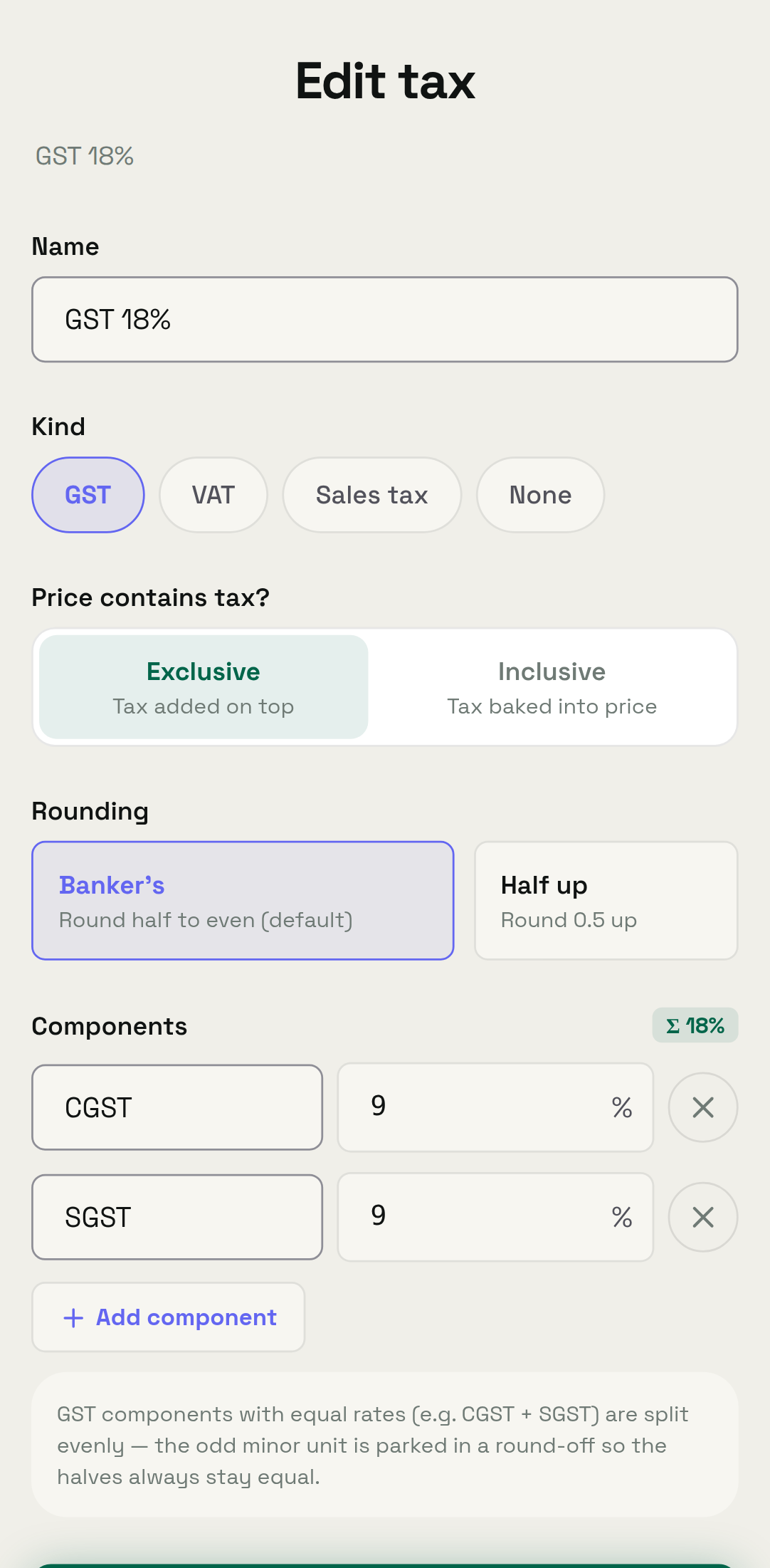 Android Edit tax screen for GST with Exclusive selected and CGST plus SGST component fields
