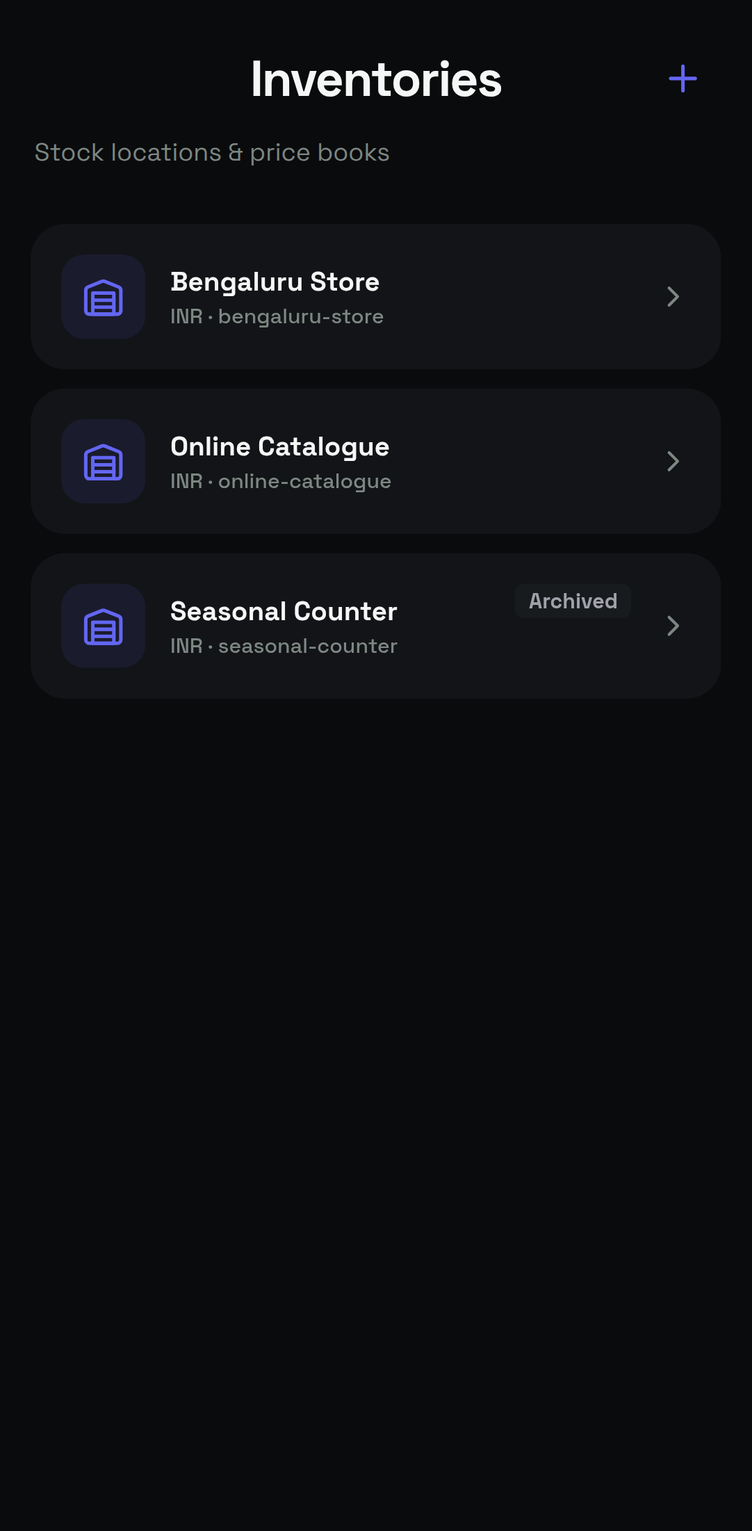 Android Inventories screen listing stock locations and price books, with one row marked Archived