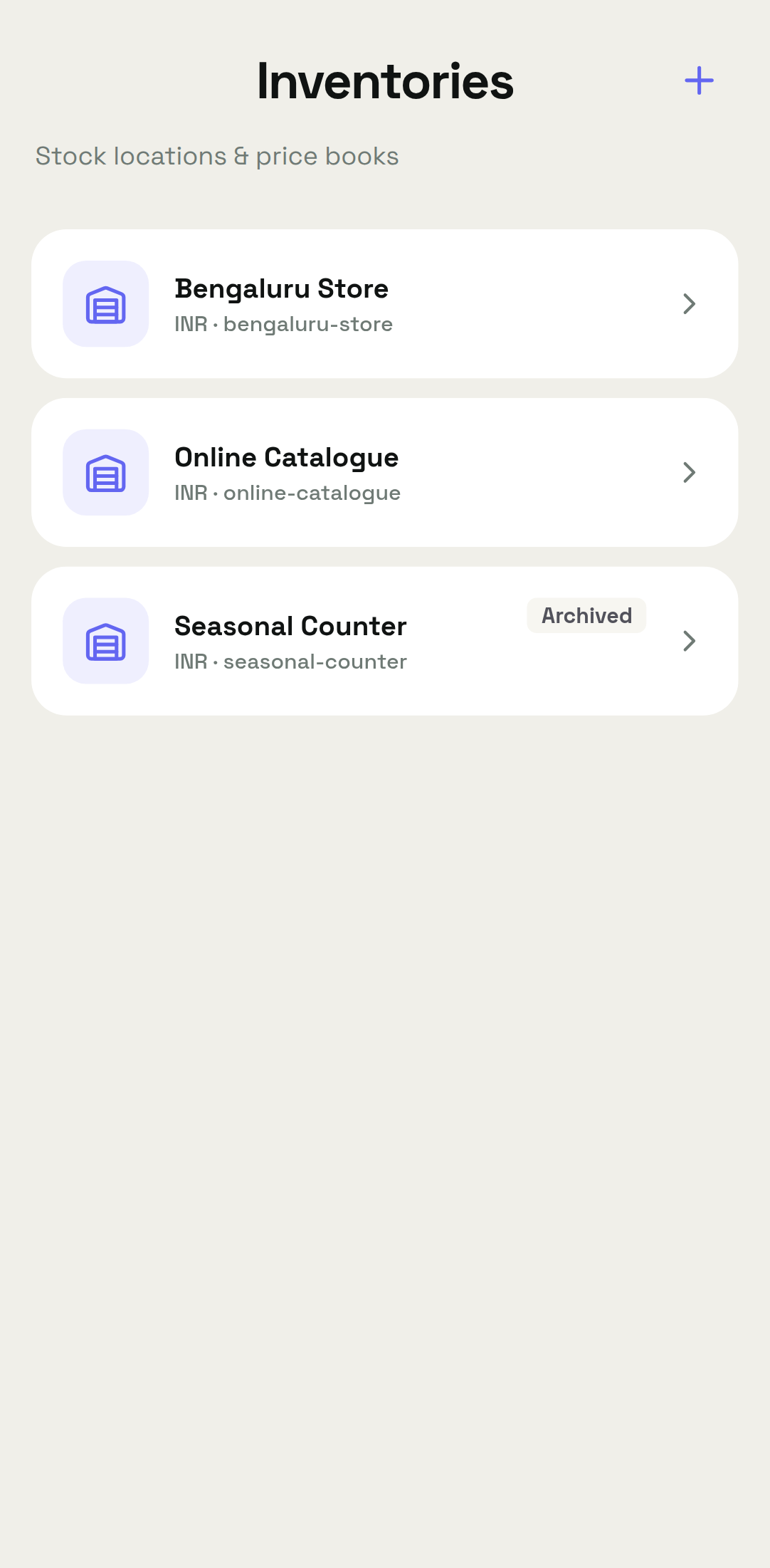 Android Inventories screen listing stock locations and price books, with one row marked Archived