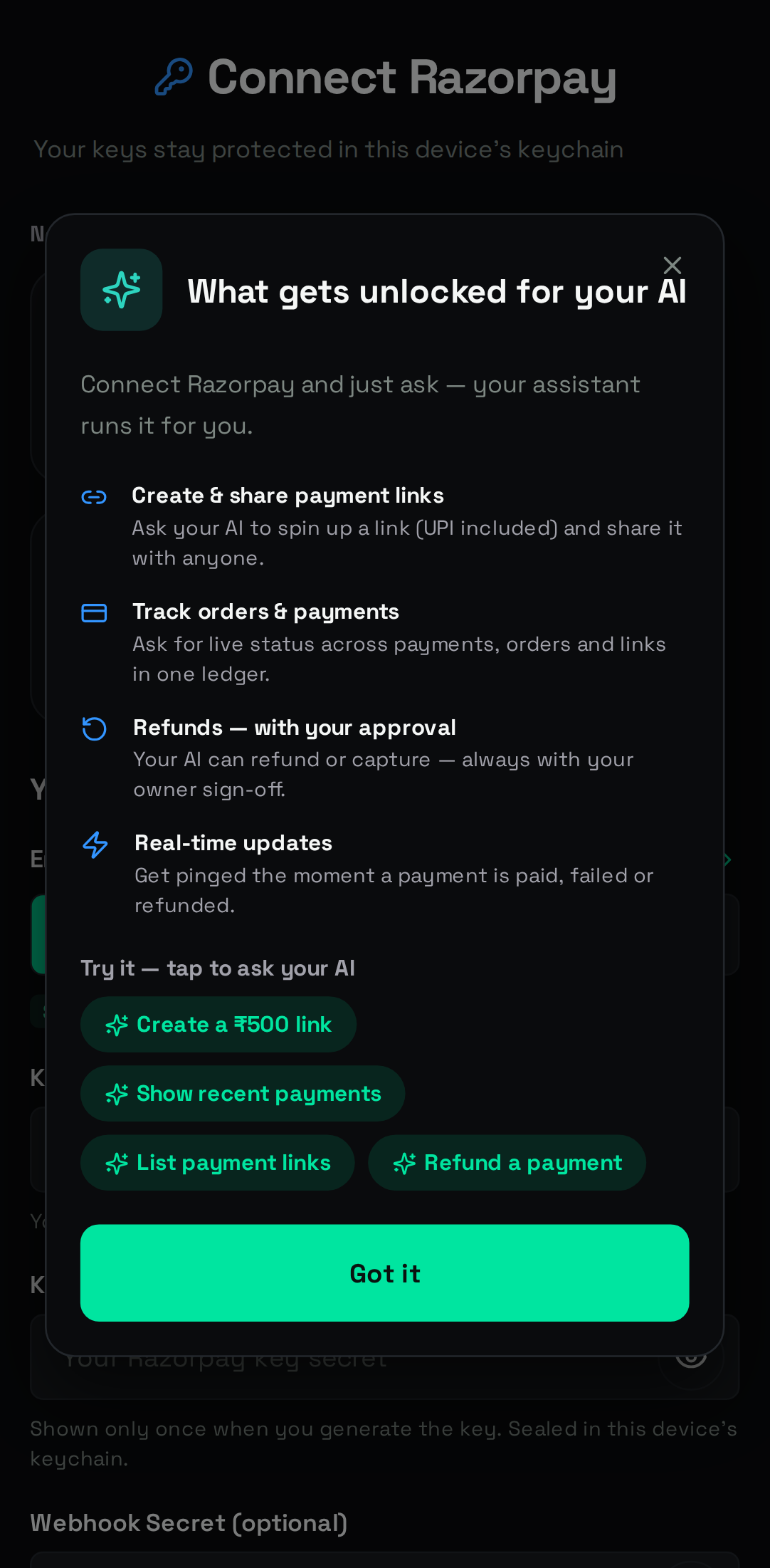 Android Connect Razorpay unlock sheet listing what the assistant may do, with a 500 rupee prompt chip and Refund a payment