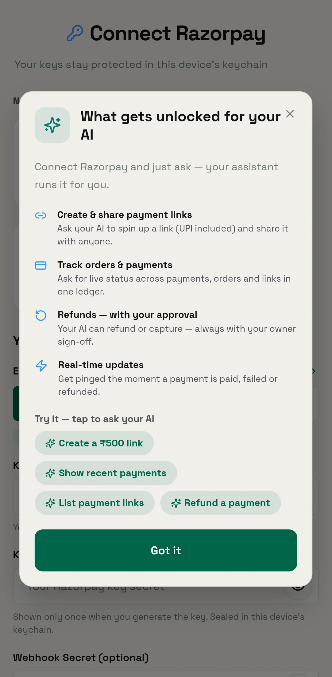 Android Connect Razorpay unlock sheet listing what the assistant may do, with a 500 rupee prompt chip and Refund a payment