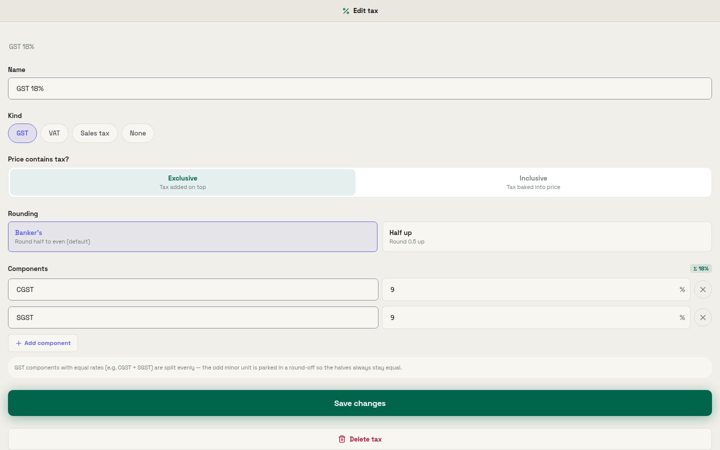 Mac Edit tax dialog for GST with Exclusive selected, Banker's rounding, and CGST plus SGST components