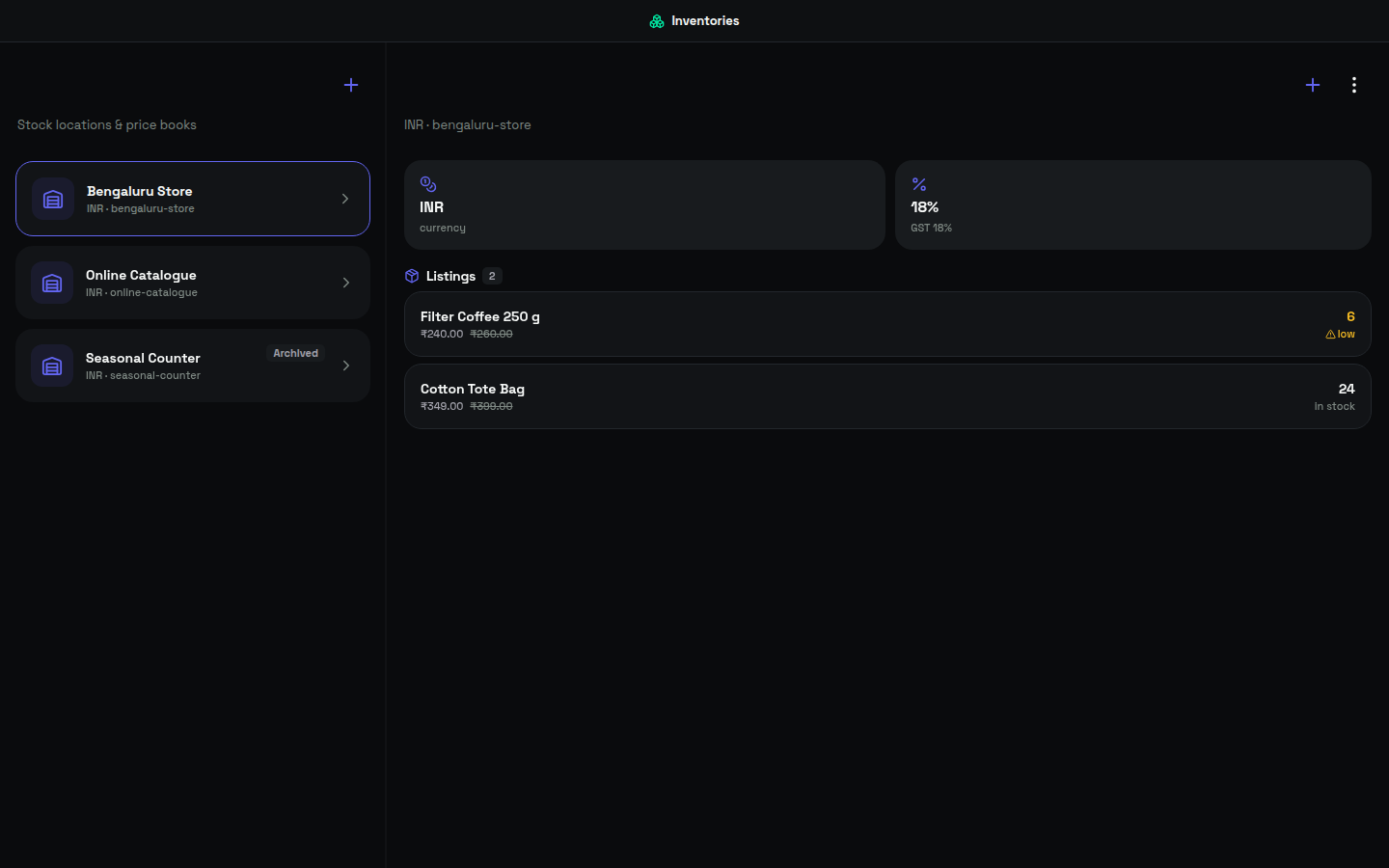 Mac Inventories split view with stock locations on the left and listings for the selected store on the right