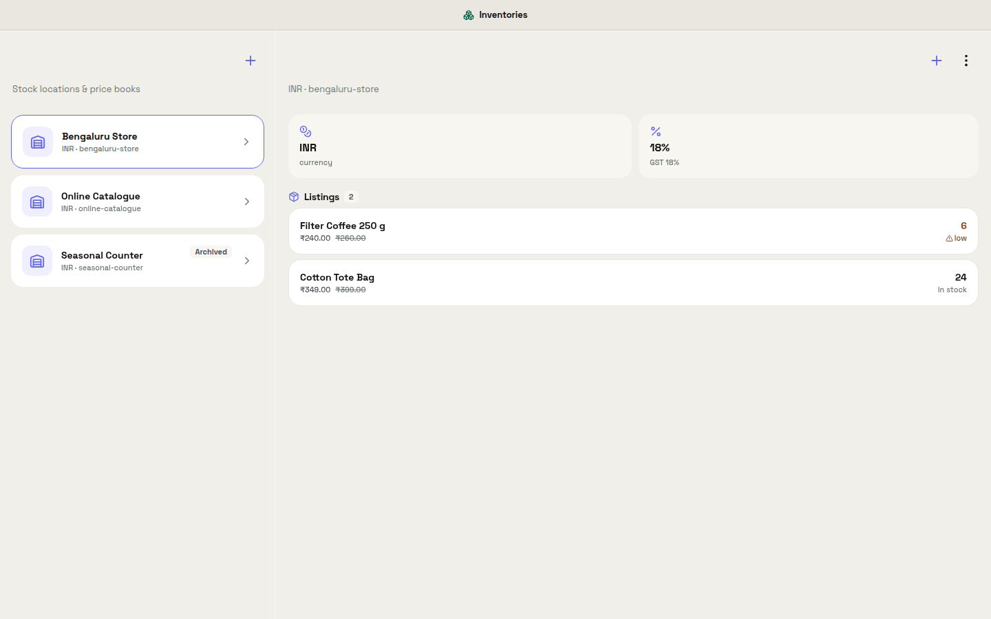 Mac Inventories split view with stock locations on the left and listings for the selected store on the right