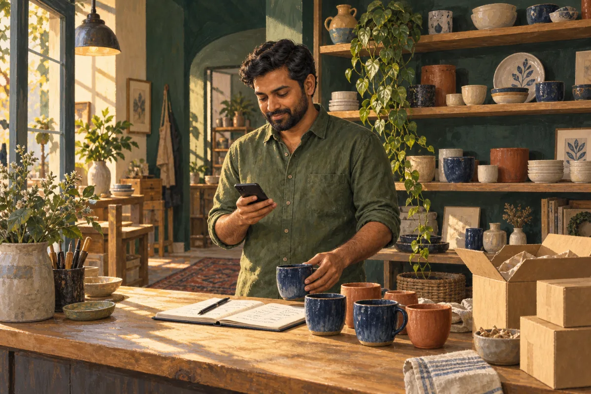 A male shop owner checks stock on his phone while arranging handmade cups at his ceramics counter.