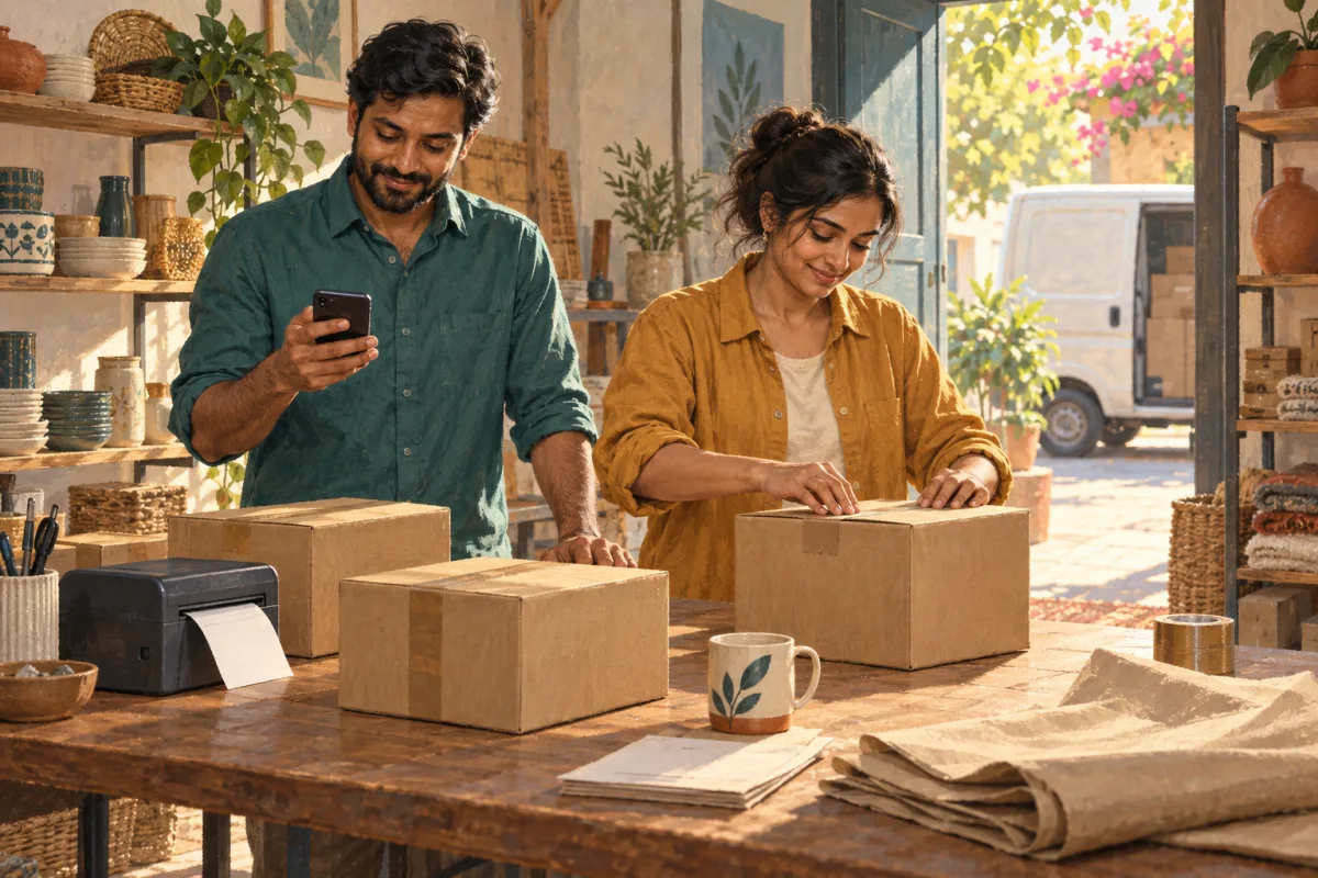 A man checks shipment details on his phone while a woman colleague seals parcels beside a label printer in their shop.
