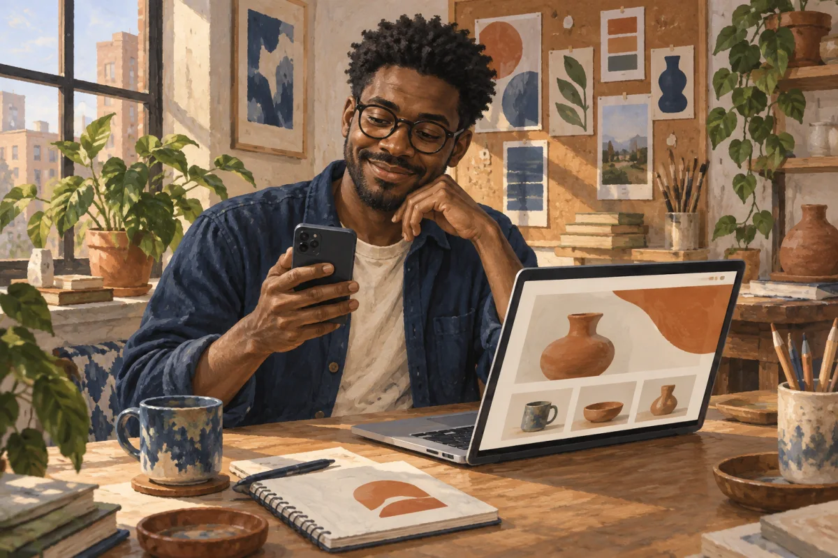 A male maker checks his phone beside the ceramics website he has built on his laptop in a sunlit studio.
