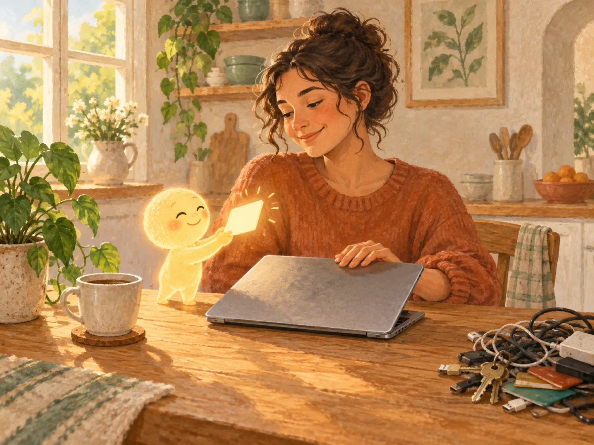 A woman closes her laptop with a smile as a small glowing assistant hands her a card, cables and keys pushed to the edge of the table.