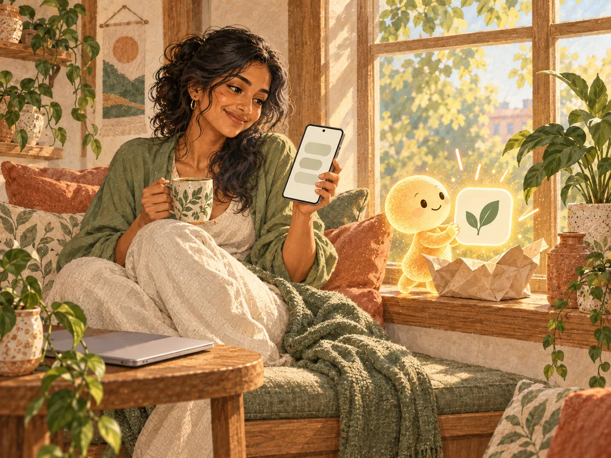 Curled up in a window seat, a shop owner asks for an app in a chat on her phone while a small glowing assistant unfolds the finished app icon.