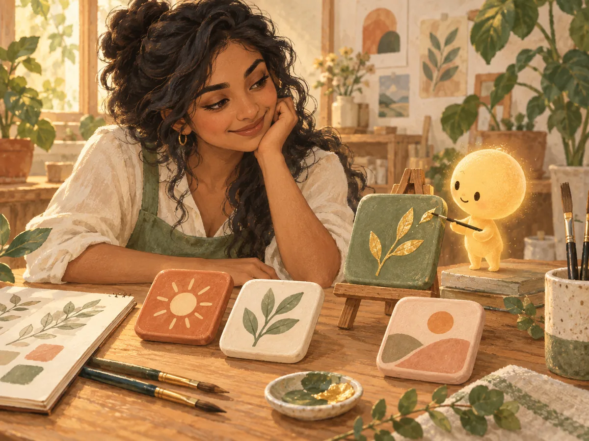 A shop owner compares hand-painted app icon tiles while a small glowing assistant brushes a gold leaf highlight onto the sage icon on an easel.