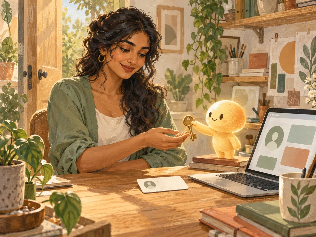 A small glowing assistant hands a shop owner a brass key at her desk, the key that signs every later version of her app.