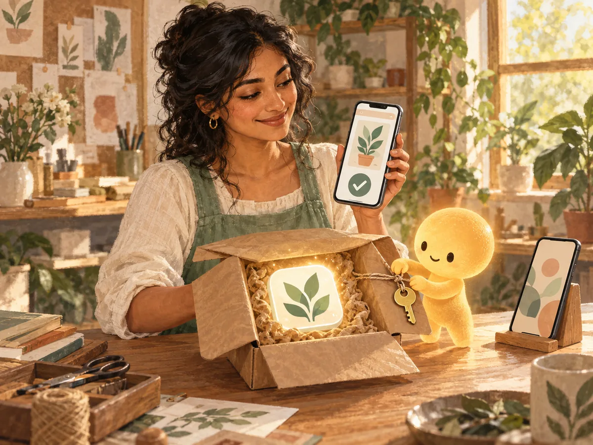 A shop owner holds up her phone showing her shop app with a check mark, beside an open parcel holding a glowing app icon and a brass key tag.