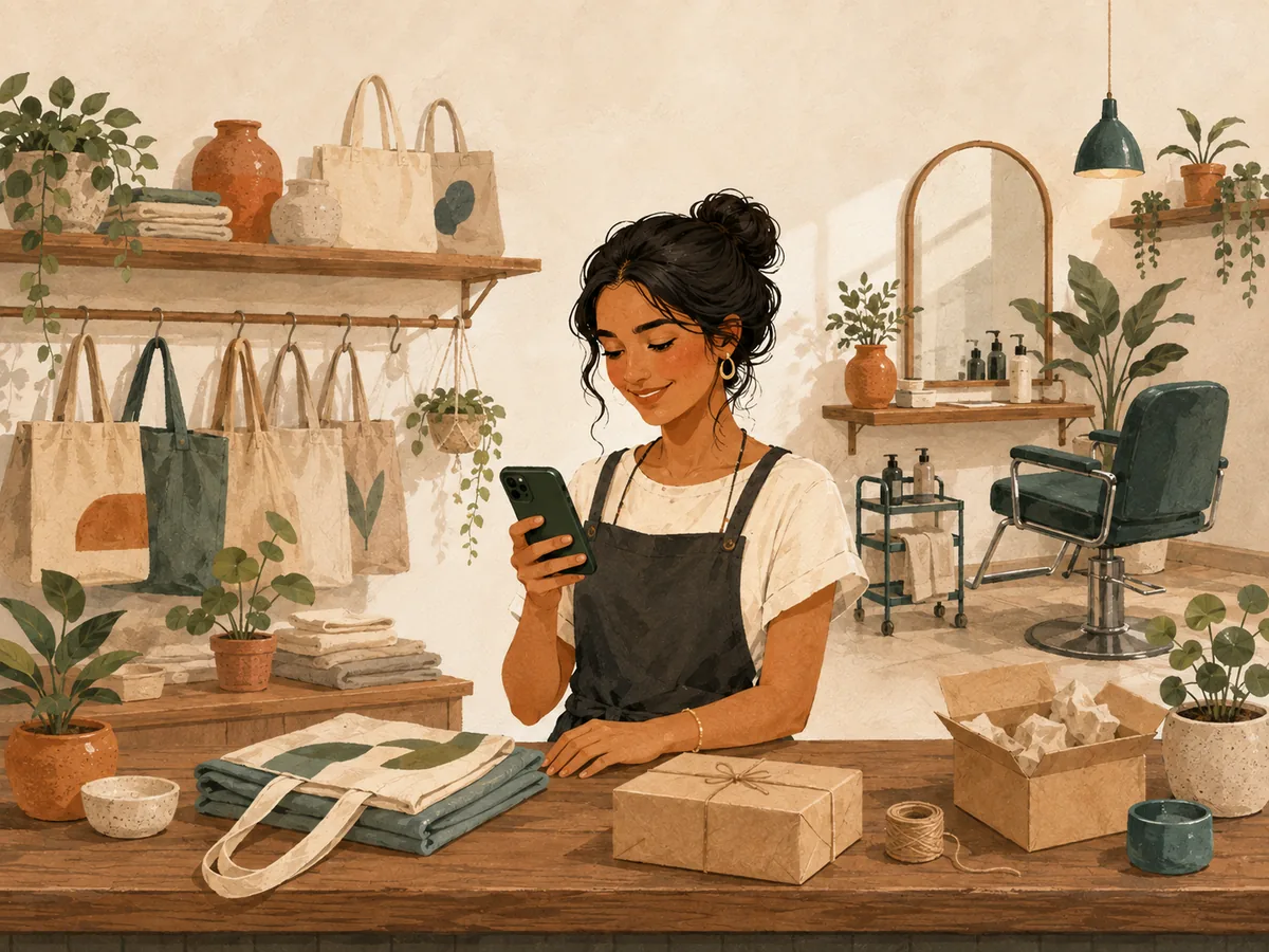 A shop owner holds one phone at her counter, with a tote shop, a salon chair and a parcel desk around her for each of her businesses.