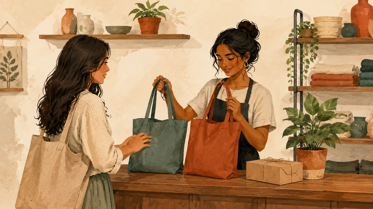A boutique owner shows a customer two linen totes across her counter, the moment an order is chosen.