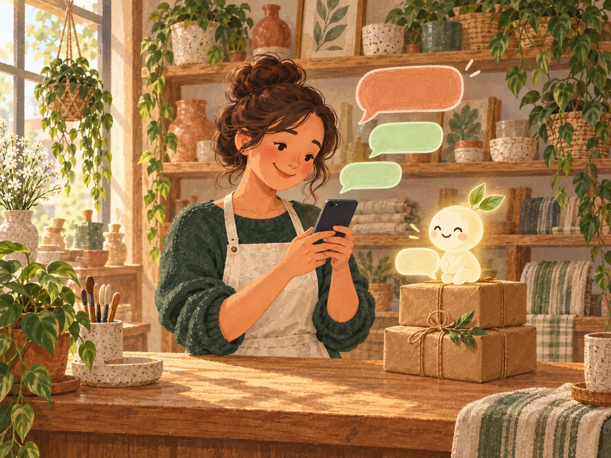 A shop owner lifts her phone to answer a customer herself while a small glowing assistant sits back on a stack of parcels.