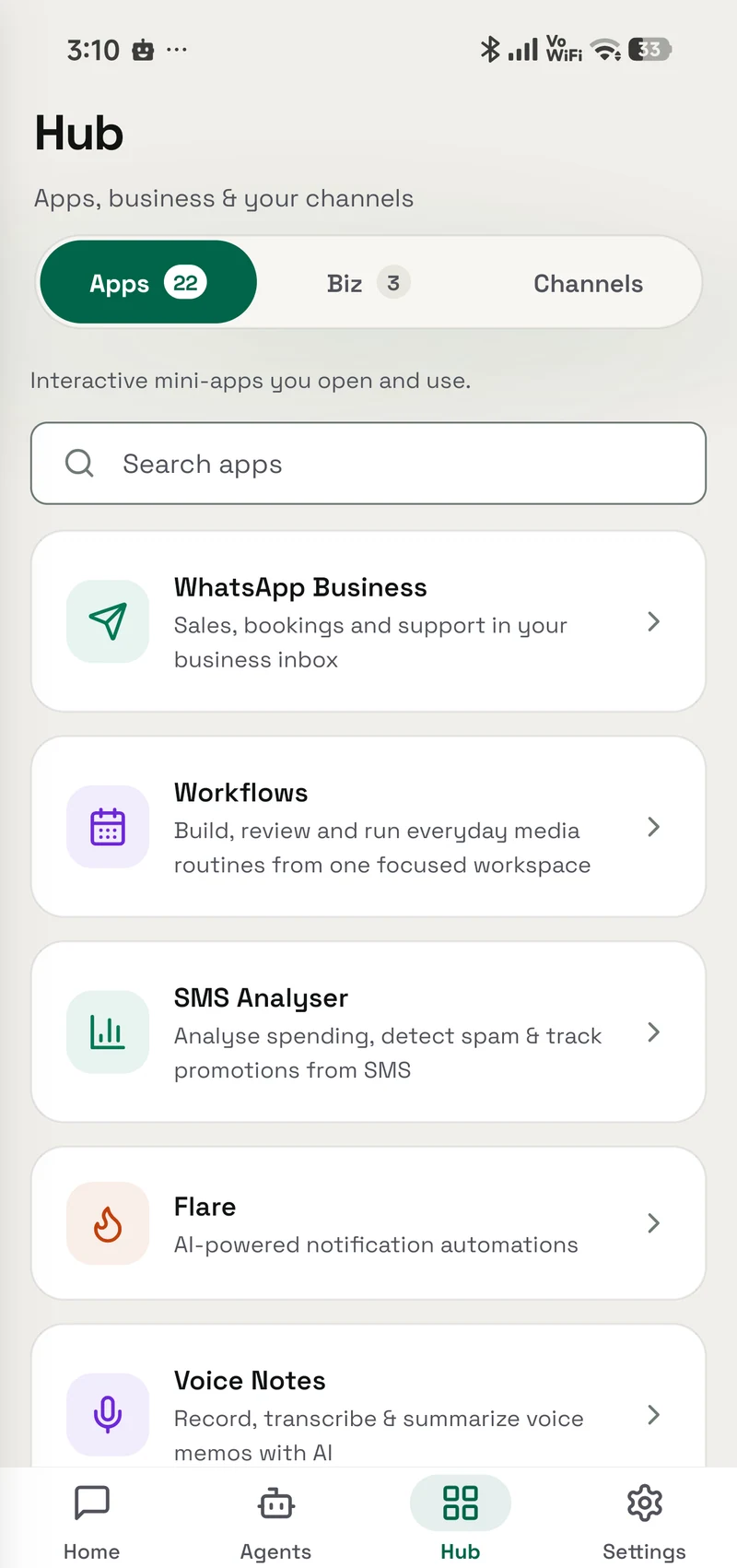 The OpenAlly app hub with WhatsApp Business, Workflows and Voice Notes.