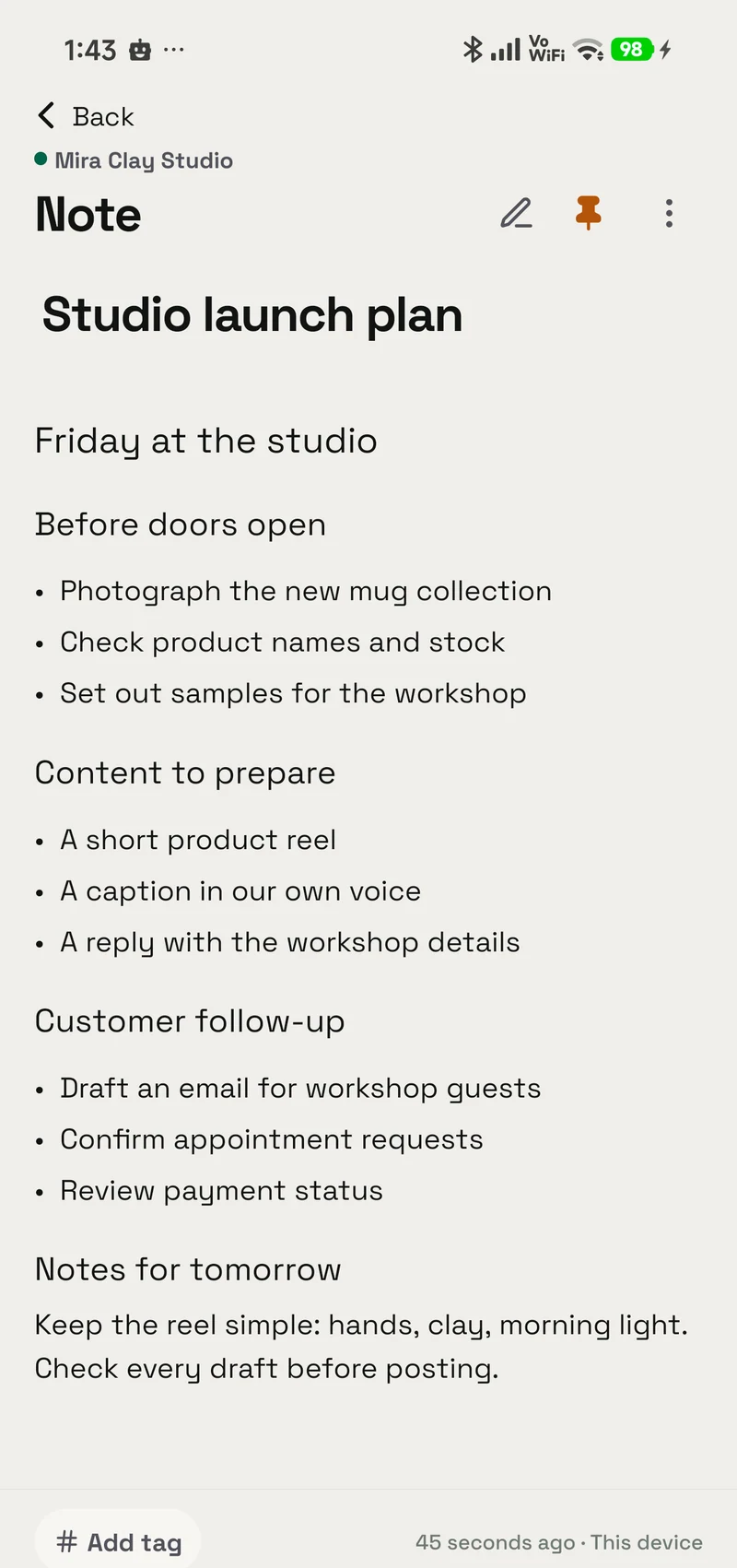 Reading preview of the Studio launch plan note in OpenAlly, with tags and edit provenance in the bottom rail.