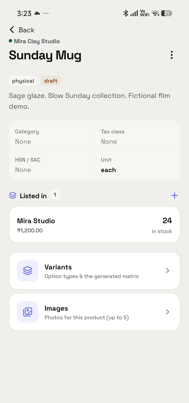 The Sunday Mug demo product in OpenAlly, showing its Mira Studio listing and stock.