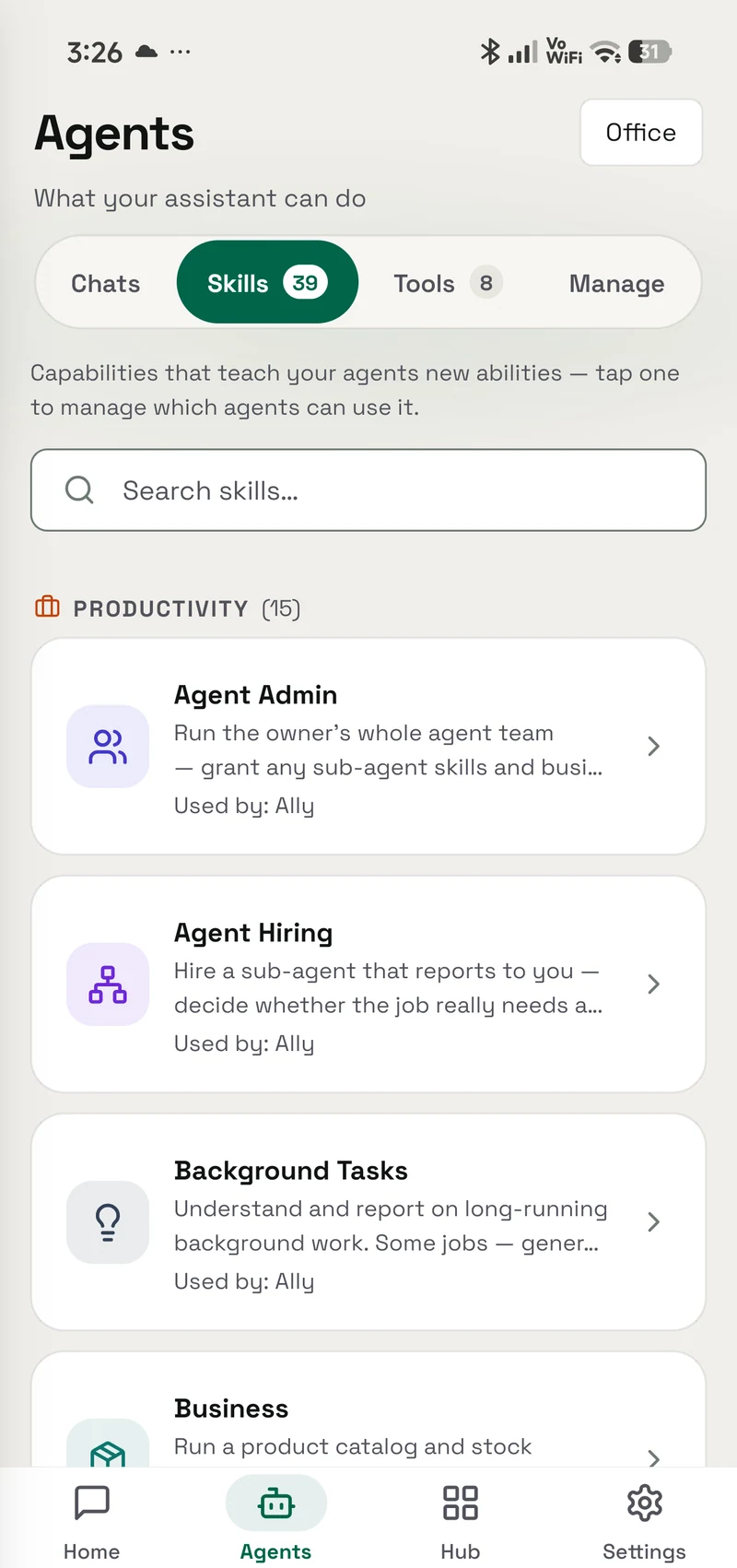 The OpenAlly Skills browser, showing agent access to productivity capabilities.