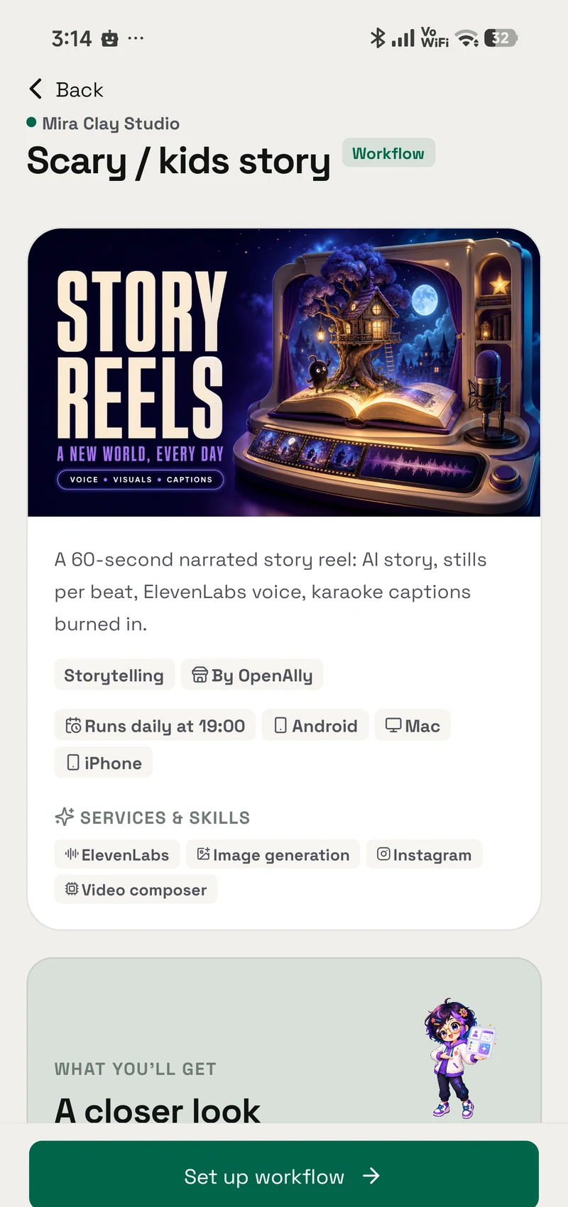 A Story Reels workflow template with its services, schedule and setup requirements.