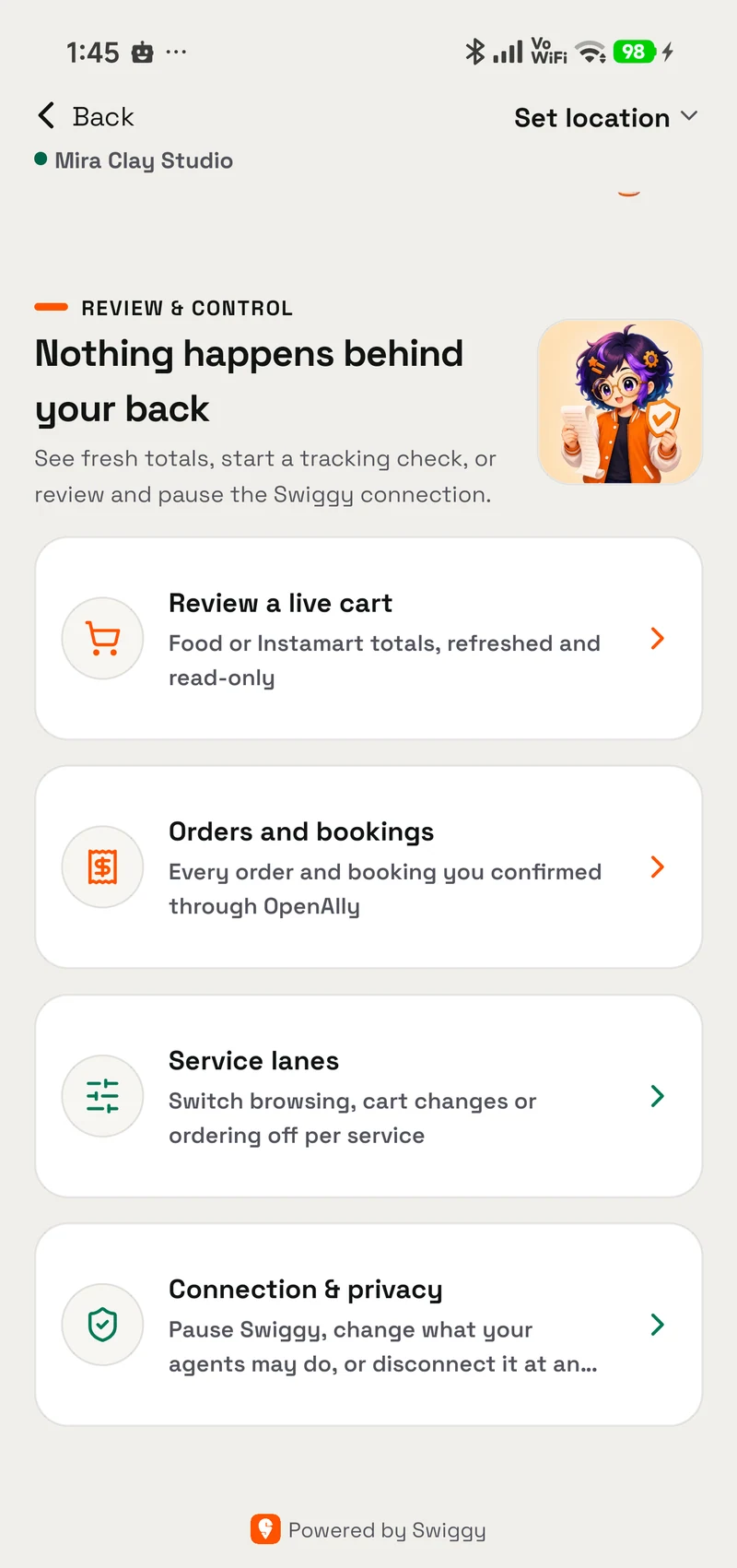 Swiggy review and control in OpenAlly: live carts, orders, bookings, service access and connection privacy.