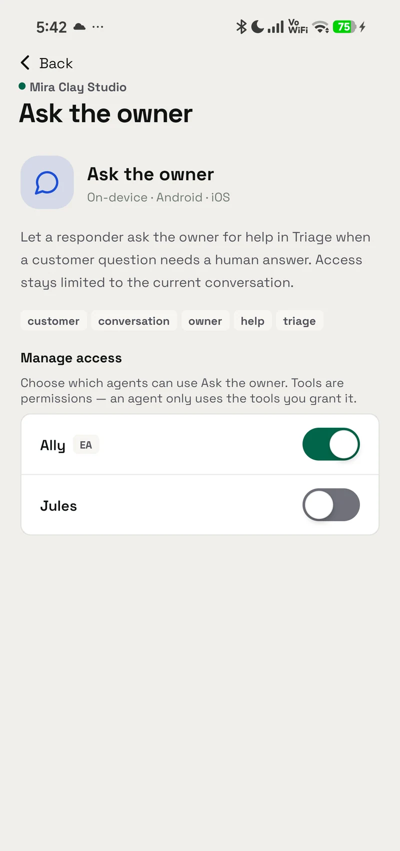The Ask the owner tool in OpenAlly: description, tags and the per-agent Manage access switches.