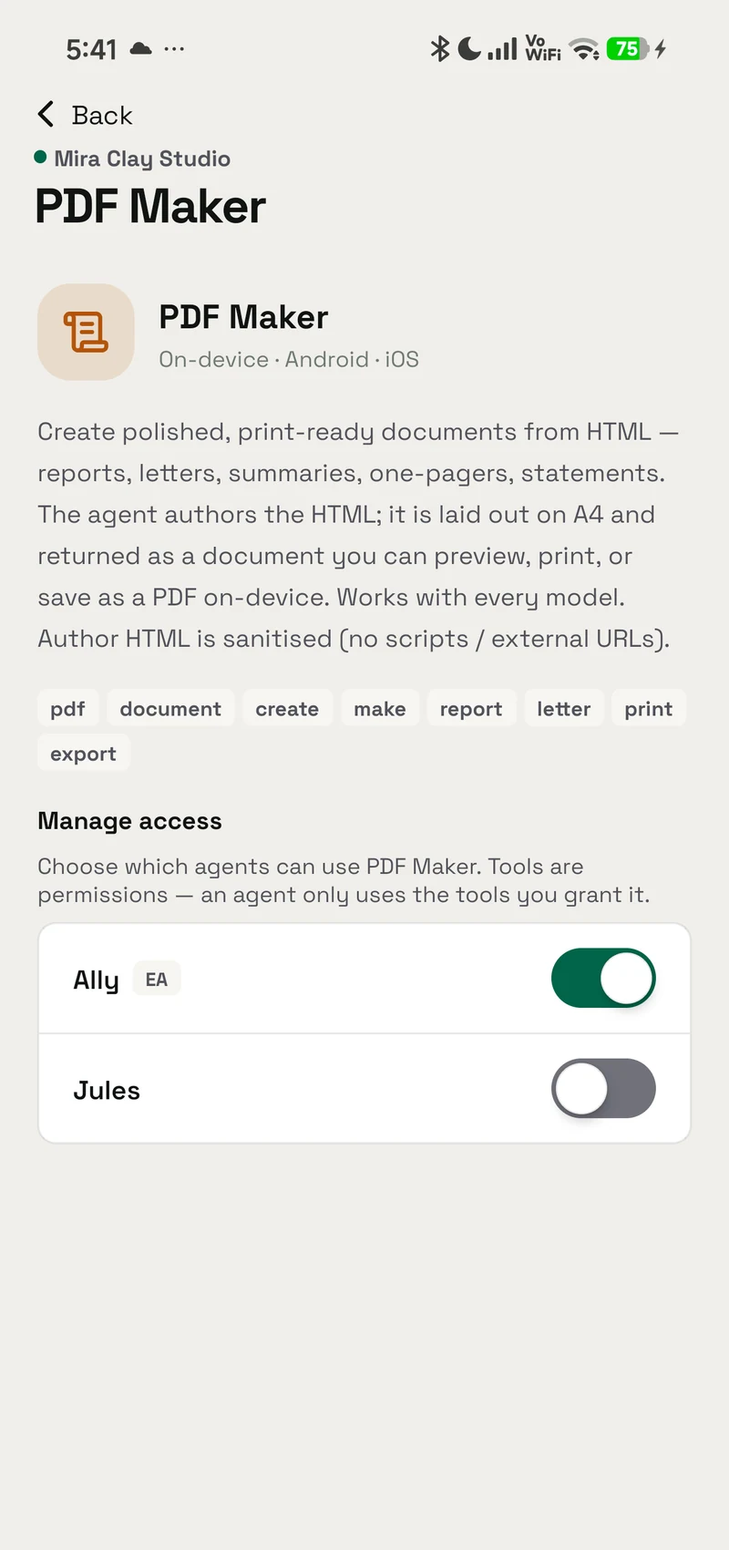The PDF Maker tool in OpenAlly: description, tags and the per-agent Manage access switches.