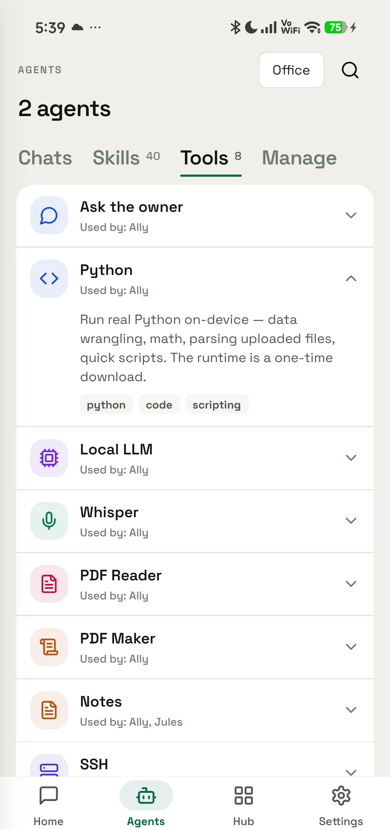 The Tools list with the Python row expanded, showing its description and tags.