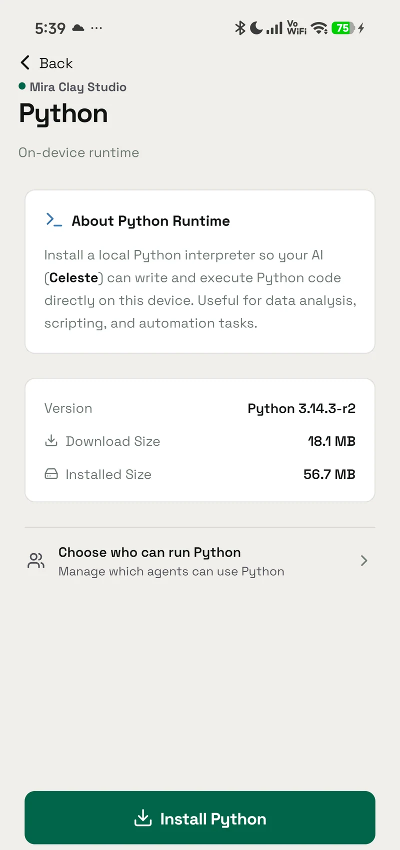 The Python runtime setup screen in OpenAlly before installation: version, download size, installed size and the Install action.
