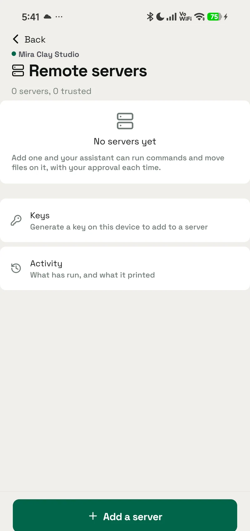 OpenAlly’s Remote servers screen before any server is added, with Keys, Activity and Add a server.