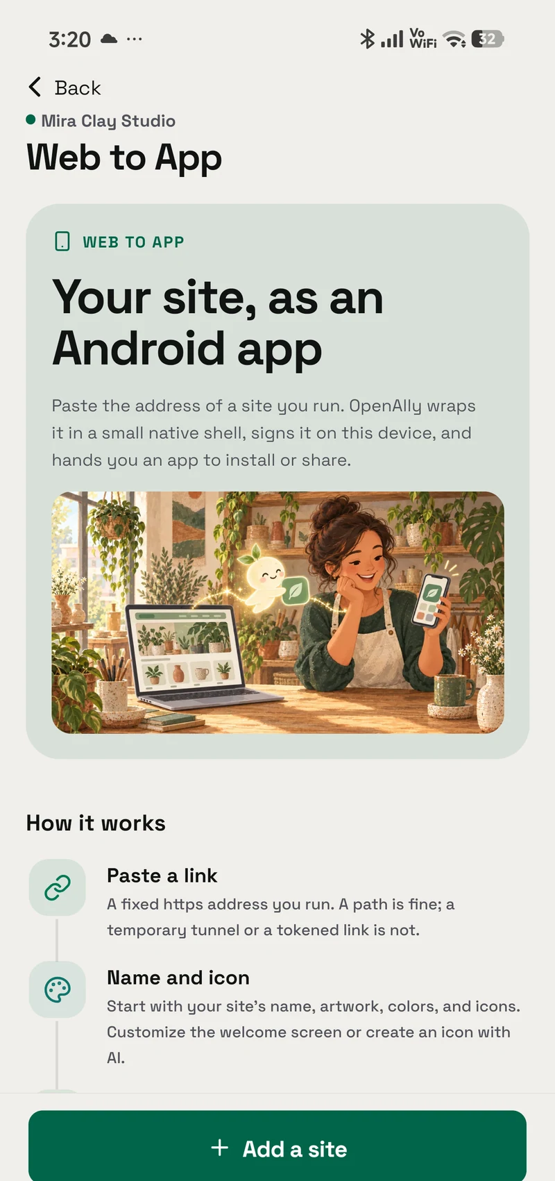 Web to App in OpenAlly, explaining how to package a website as an Android app.