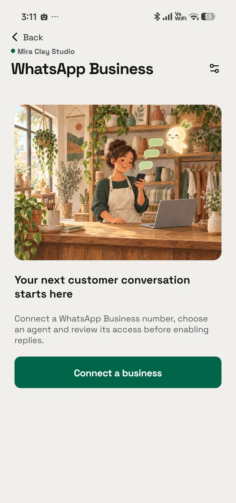 The WhatsApp Business introduction and connection entry in OpenAlly.
